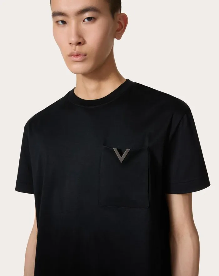 Valentino Tshirts And Sweatshirts Man Cotton Tshirt With Metallic V Detail For Man In White White Valentino Tshirts And Sweatshirts Man Cotton Tshirt With Metallic V Detail For Man In White White