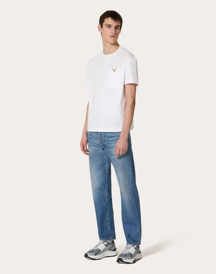 Valentino Tshirts And Sweatshirts Man Cotton Tshirt With Metallic V Detail For Man In White White Valentino Tshirts And Sweatshirts Man Cotton Tshirt With Metallic V Detail For Man In White White