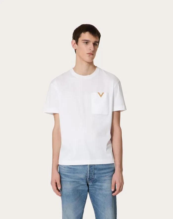 Valentino Tshirts And Sweatshirts Man Cotton Tshirt With Metallic V Detail For Man In White White Valentino Tshirts And Sweatshirts Man Cotton Tshirt With Metallic V Detail For Man In White White