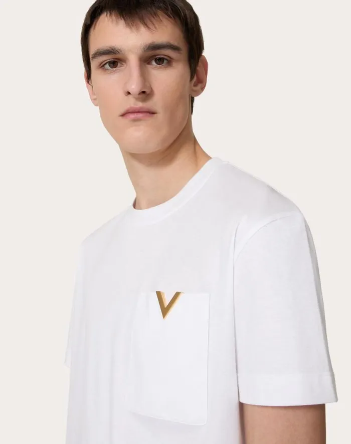 Valentino Tshirts And Sweatshirts Man Cotton Tshirt With Metallic V Detail For Man In White White Valentino Tshirts And Sweatshirts Man Cotton Tshirt With Metallic V Detail For Man In White White