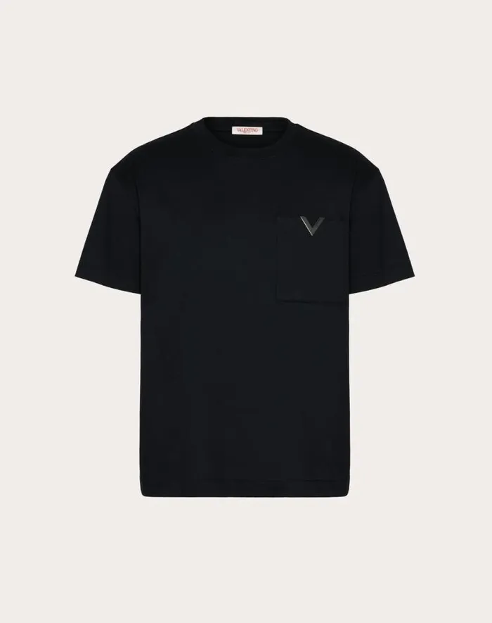 Valentino Tshirts And Sweatshirts Man Cotton Tshirt With Metallic V Detail For Man In White White Valentino Tshirts And Sweatshirts Man Cotton Tshirt With Metallic V Detail For Man In White White