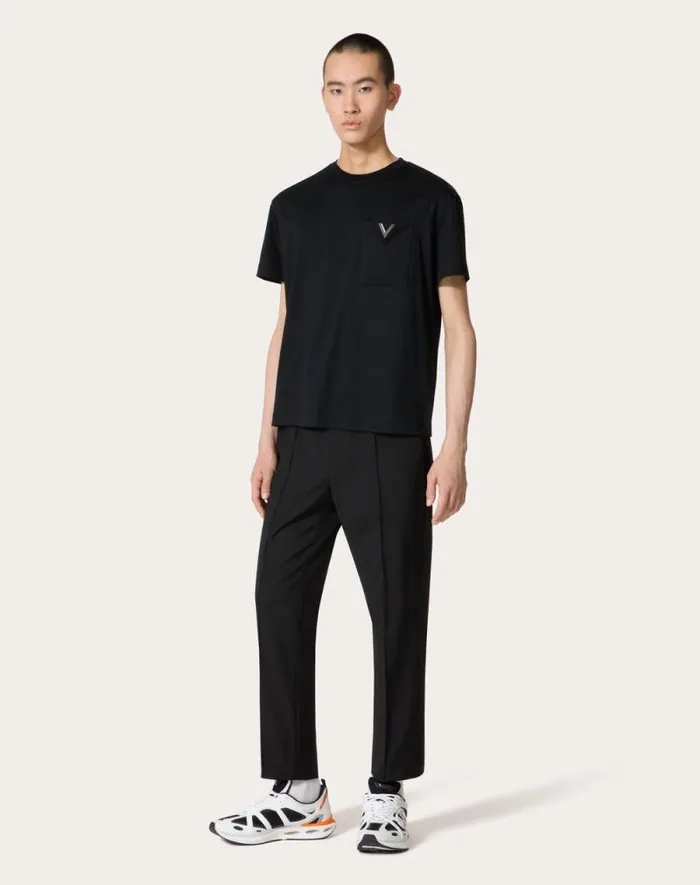 Valentino Tshirts And Sweatshirts Man Cotton Tshirt With Metallic V Detail For Man In White White Valentino Tshirts And Sweatshirts Man Cotton Tshirt With Metallic V Detail For Man In White White