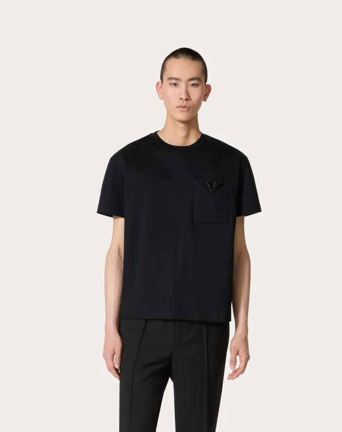 Valentino Tshirts And Sweatshirts Man Cotton Tshirt With Metallic V Detail For Man In White White Valentino Tshirts And Sweatshirts Man Cotton Tshirt With Metallic V Detail For Man In White White