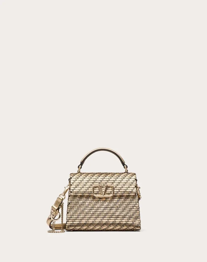 Valentino Top Handle Bags Woman Valentino Garavani Vsling Mini Woven Handbag For Woman In Goldcrystal Goldcrystal Valentino Top Handle Bags Woman Valentino Garavani Vsling Mini Woven Handbag For Woman In Goldcrystal Goldcrystal
