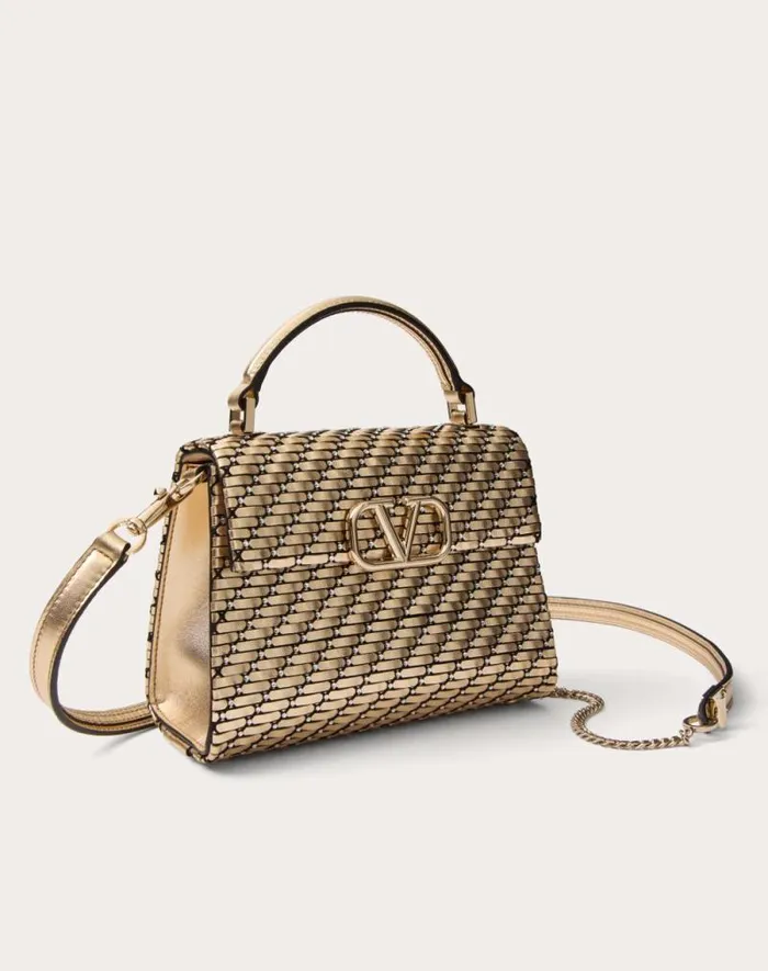 Valentino Top Handle Bags Woman Valentino Garavani Vsling Mini Woven Handbag For Woman In Goldcrystal Goldcrystal Valentino Top Handle Bags Woman Valentino Garavani Vsling Mini Woven Handbag For Woman In Goldcrystal Goldcrystal