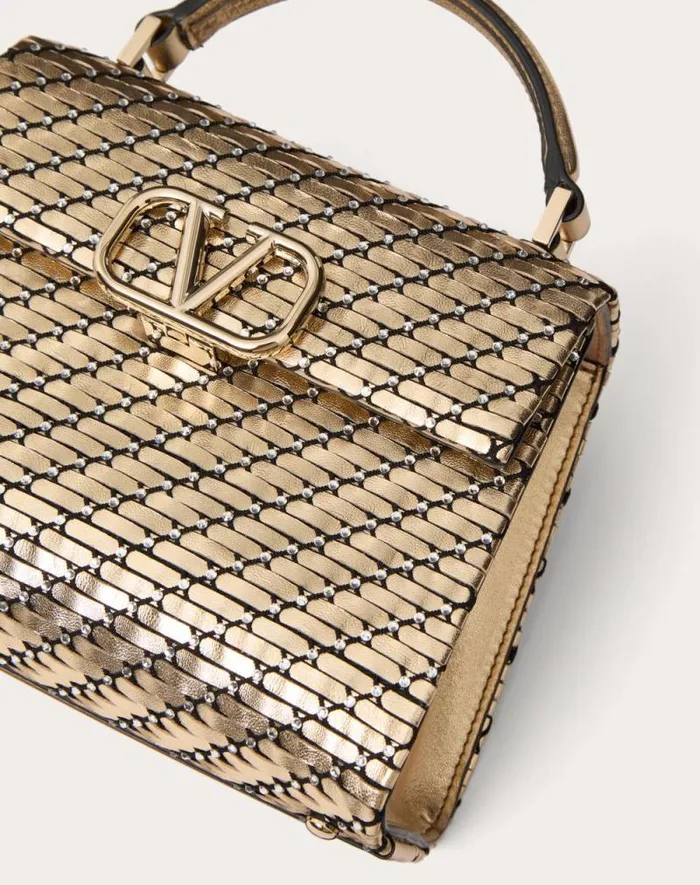 Valentino Top Handle Bags Woman Valentino Garavani Vsling Mini Woven Handbag For Woman In Goldcrystal Goldcrystal Valentino Top Handle Bags Woman Valentino Garavani Vsling Mini Woven Handbag For Woman In Goldcrystal Goldcrystal
