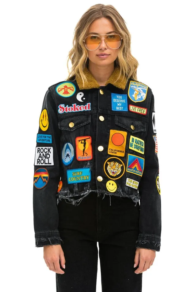 Vintage Patch Unisex Crop Denim Jacket 8211 Vintage Black WomenMen Aviator Nation Denim Vintage Patch Unisex Crop Denim Jacket 8211 Vintage Black WomenMen Aviator Nation Denim