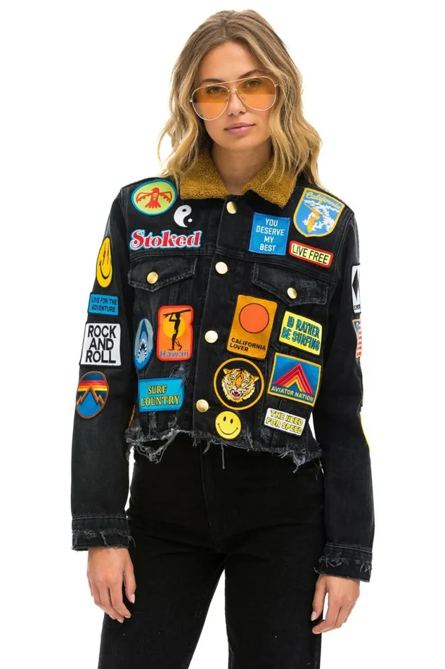 Vintage Patch Unisex Crop Denim Jacket 8211 Vintage Black WomenMen Aviator Nation Denim