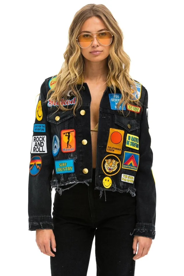 Vintage Patch Unisex Crop Denim Jacket 8211 Vintage Black WomenMen Aviator Nation Denim