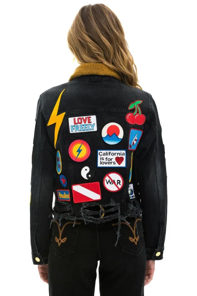 Vintage Patch Unisex Crop Denim Jacket 8211 Vintage Black WomenMen Aviator Nation Denim