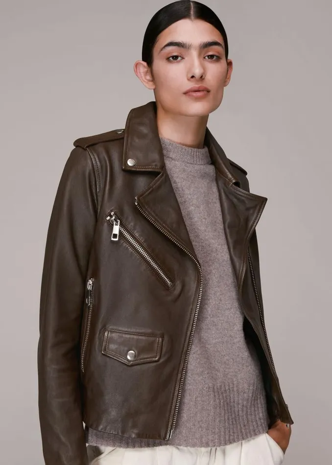 Whistles Coats and Jackets Chocolate Agnes Pocket Leather Jacket 8211 Women