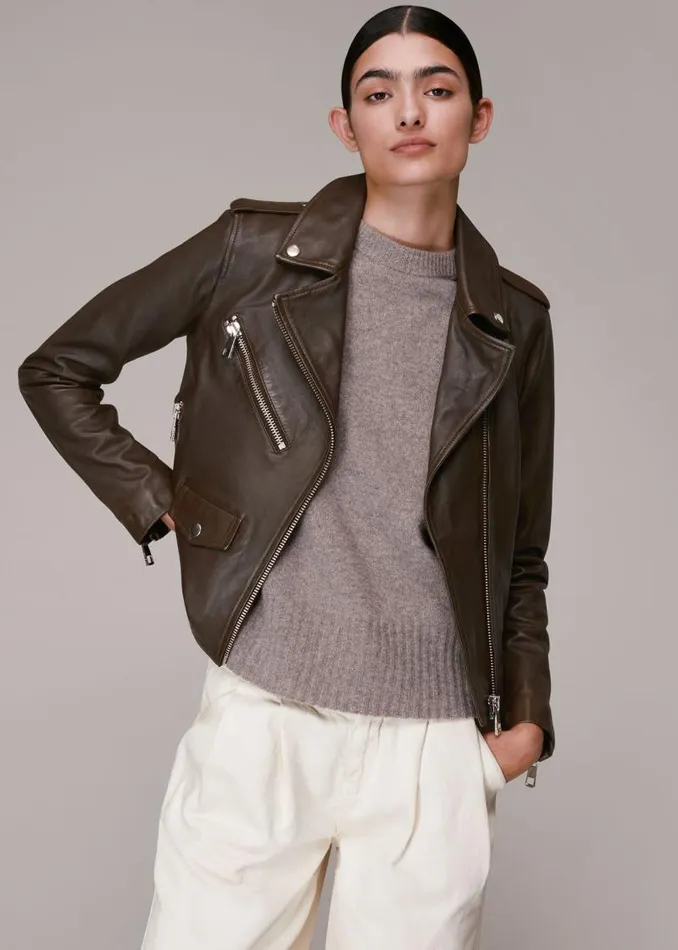 Whistles Coats and Jackets Chocolate Agnes Pocket Leather Jacket 8211 Women
