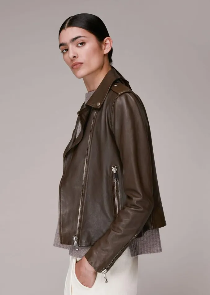 Whistles Coats and Jackets Chocolate Agnes Pocket Leather Jacket 8211 Women