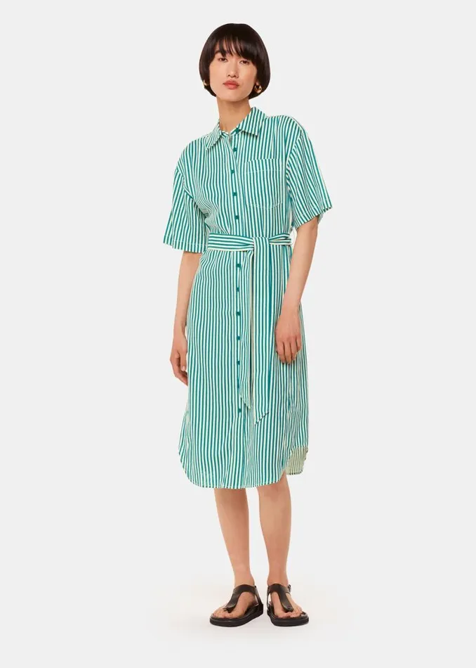 Whistles Dresses Green Stripe Linen Blend Dress 8211 Women