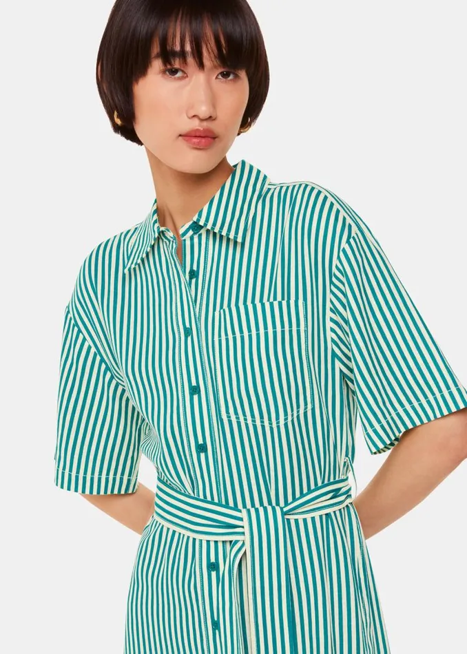Whistles Dresses Green Stripe Linen Blend Dress 8211 Women