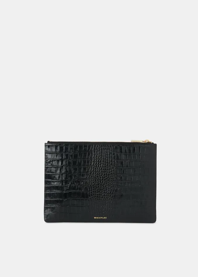 Whistles Small Bags and Clutches Black Shiny Croc Medium Clutch 8211 Women