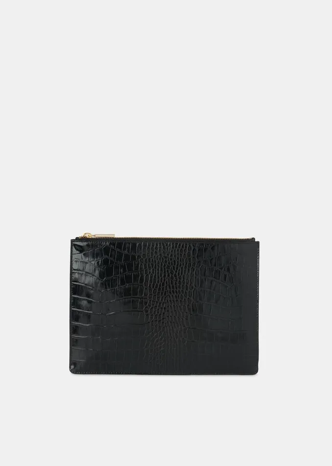 Whistles Small Bags and Clutches Black Shiny Croc Medium Clutch 8211 Women