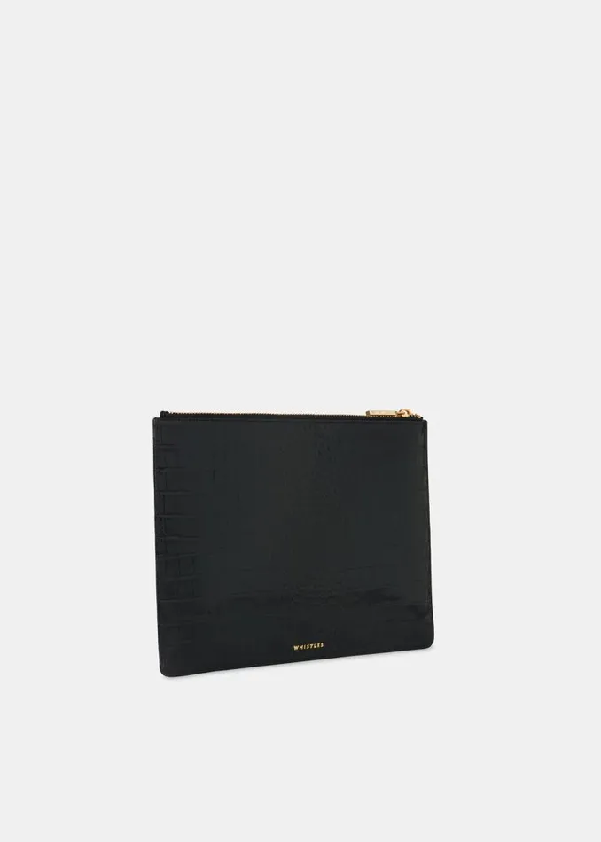 Whistles Small Bags and Clutches Black Shiny Croc Medium Clutch 8211 Women