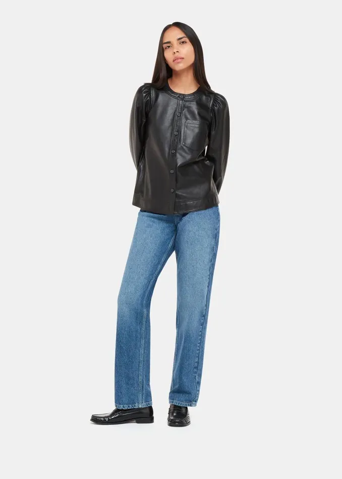 Whistles Tops Black Leather Gathered Sleeve Shirt 8211 Women