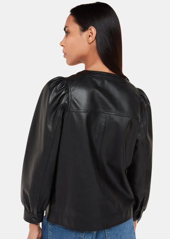 Whistles Tops Black Leather Gathered Sleeve Shirt 8211 Women