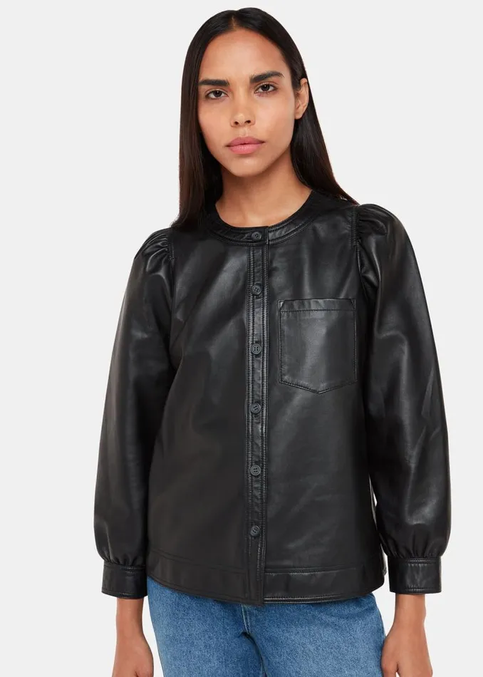 Whistles Tops Black Leather Gathered Sleeve Shirt 8211 Women