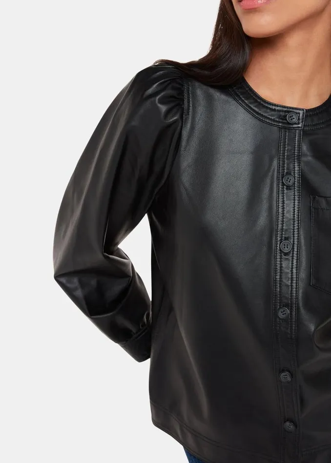 Whistles Tops Black Leather Gathered Sleeve Shirt 8211 Women