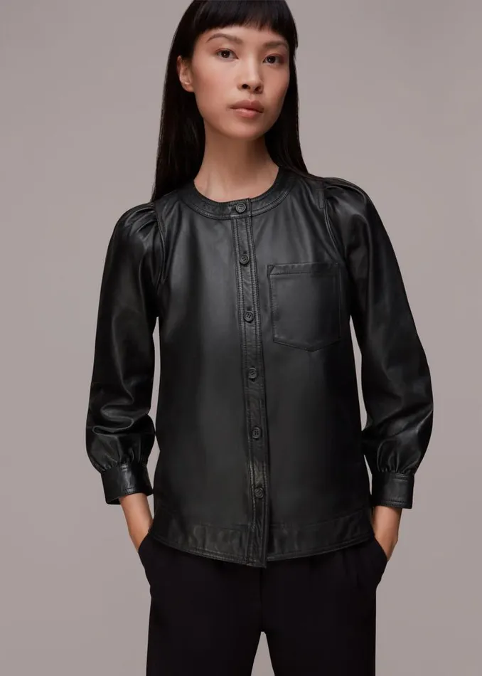 Whistles Tops Black Leather Gathered Sleeve Shirt 8211 Women