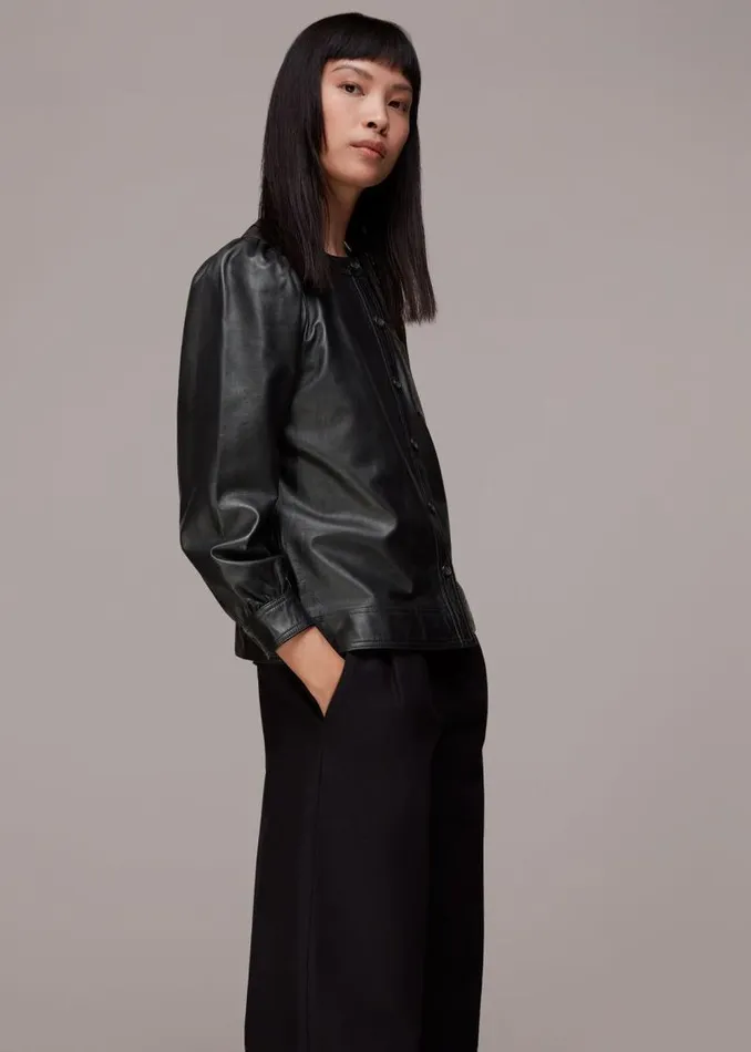 Whistles Tops Black Leather Gathered Sleeve Shirt 8211 Women