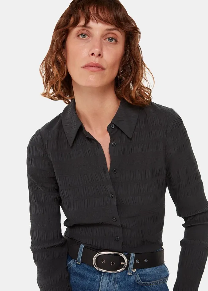 Whistles Tops Black Plisse Button Front Shirt 8211 Women