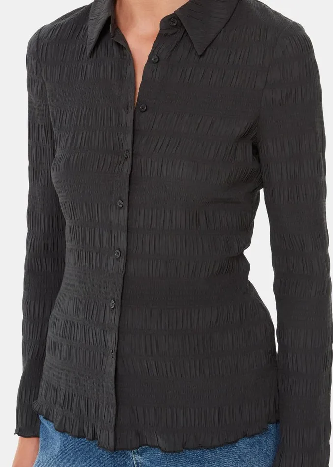 Whistles Tops Black Plisse Button Front Shirt 8211 Women