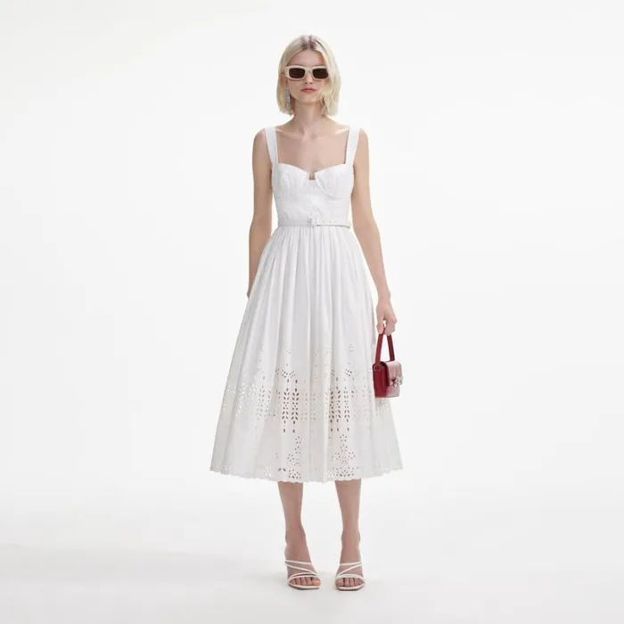 White Cotton Broderie Midi Dress Women Self Portrait Dresses