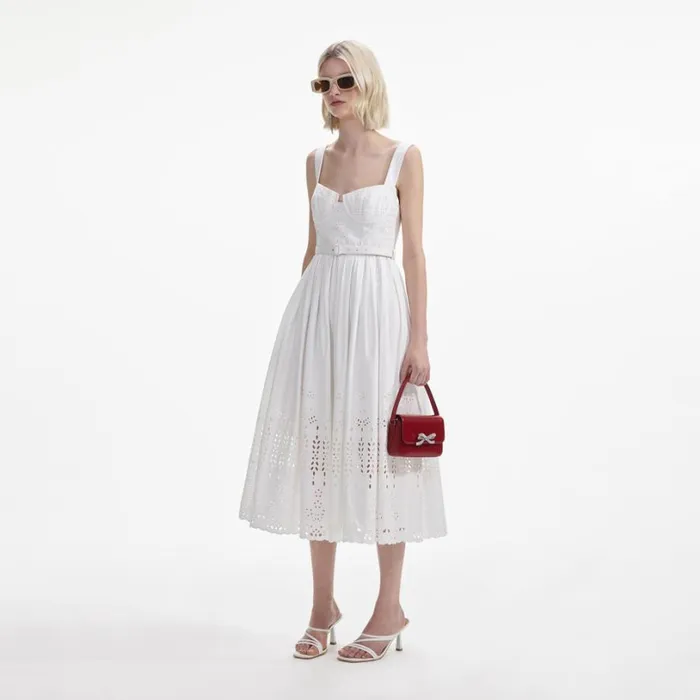White Cotton Broderie Midi Dress Women Self Portrait Dresses White Cotton Broderie Midi Dress Women Self Portrait Dresses