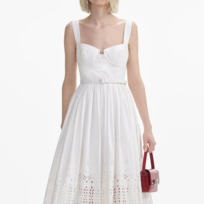 White Cotton Broderie Midi Dress Women Self Portrait Dresses White Cotton Broderie Midi Dress Women Self Portrait Dresses