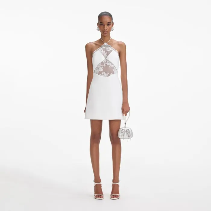 White Crepe Halterneck Mini Dress Women Self Portrait Dresses