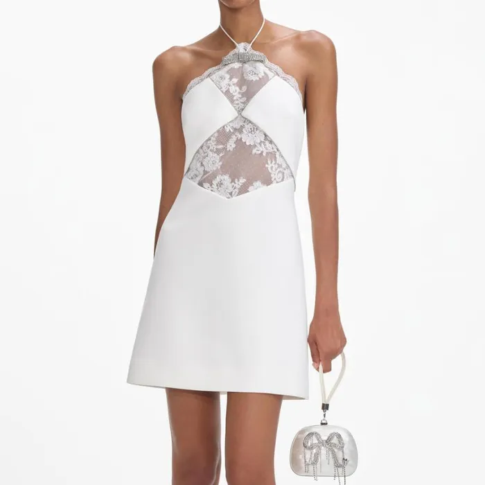 White Crepe Halterneck Mini Dress Women Self Portrait Dresses White Crepe Halterneck Mini Dress Women Self Portrait Dresses