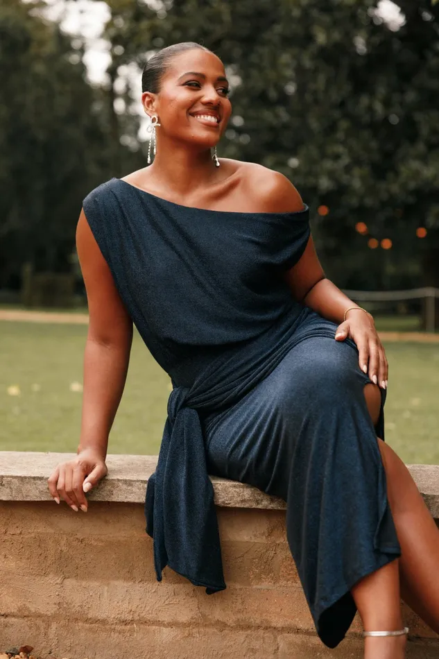 Winter Dresses Petal and Pup Women Santiago Off Shoulder Midi Dress Navy