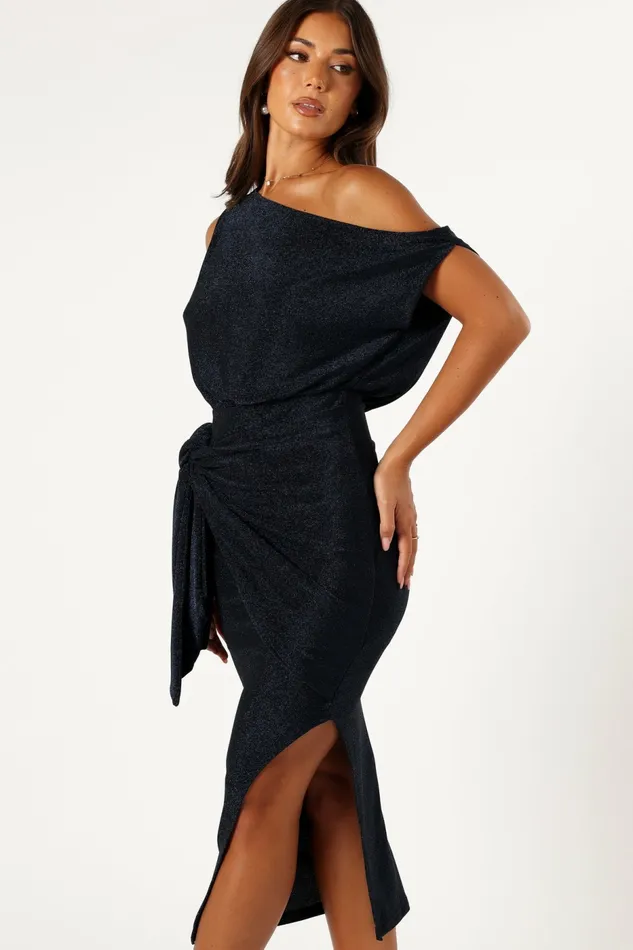 Winter Dresses Petal and Pup Women Santiago Off Shoulder Midi Dress Navy