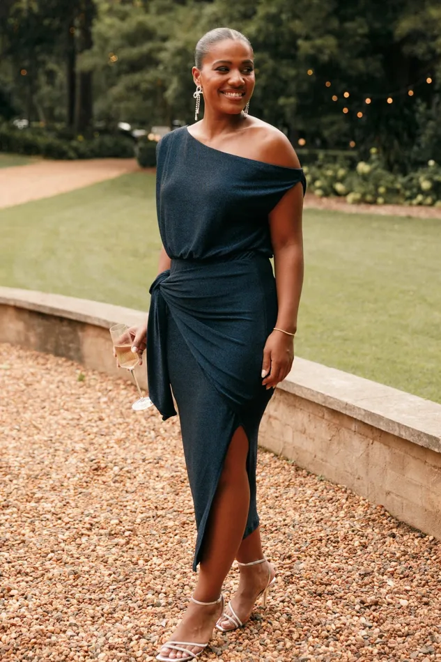 Winter Dresses Petal and Pup Women Santiago Off Shoulder Midi Dress Navy