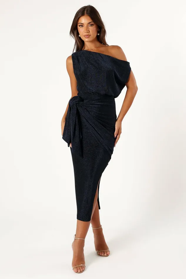 Winter Dresses Petal and Pup Women Santiago Off Shoulder Midi Dress Navy