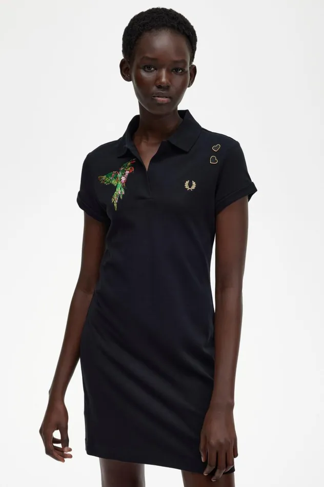 Women Amy Winehouse FoundationEmbroidered Piqu Dress Black Fred Perry Dresses