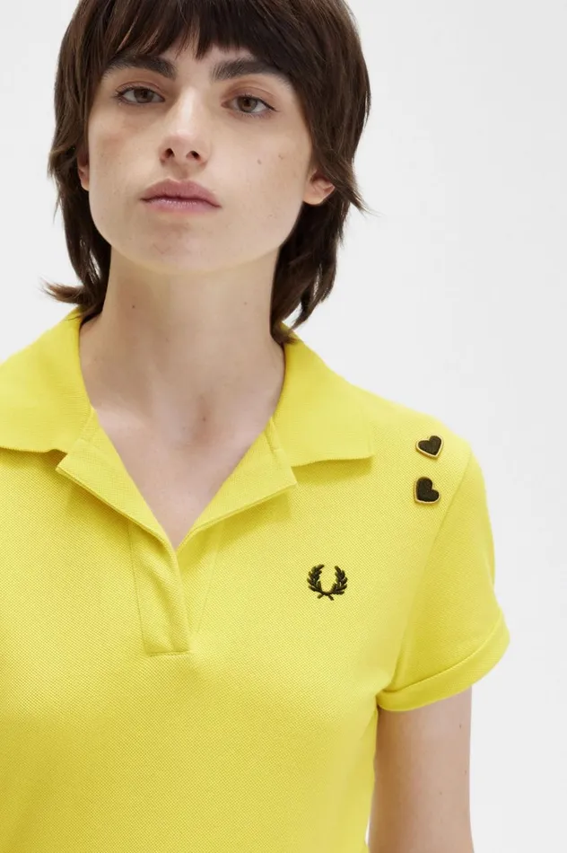 Women Amy Winehouse FoundationOpen Collar Piqu Shirt Yellow Pop Fred Perry Polo Shirts