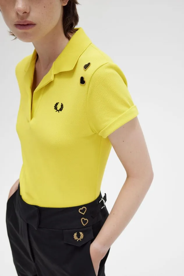Women Amy Winehouse FoundationOpen Collar Piqu Shirt Yellow Pop Fred Perry Polo Shirts