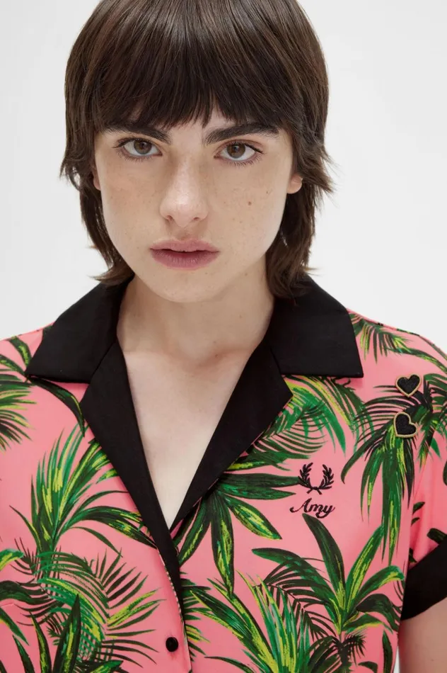 Women Amy Winehouse FoundationPalm Print Shirt Dress Coral Heat Fred Perry Dresses