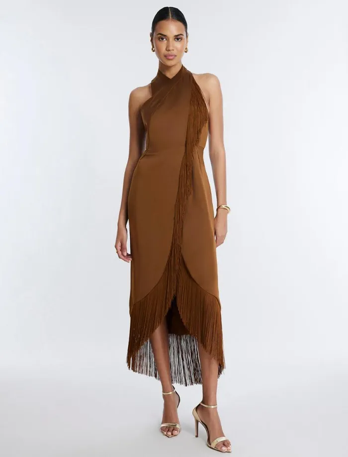Women Arla Halter Fringe Dress Monks Robe BCBG Dresses