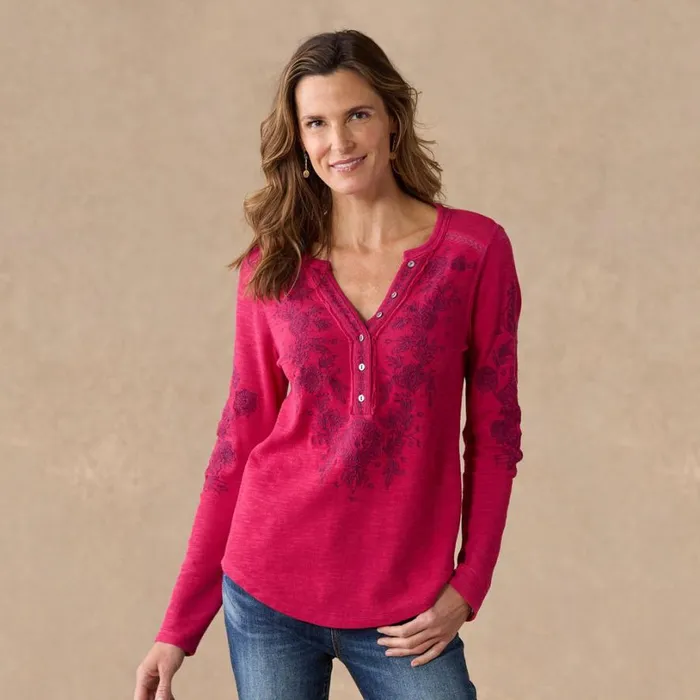 Women Artisan Floral Henley Petite Cherry Sundance Catalog Petite Styles