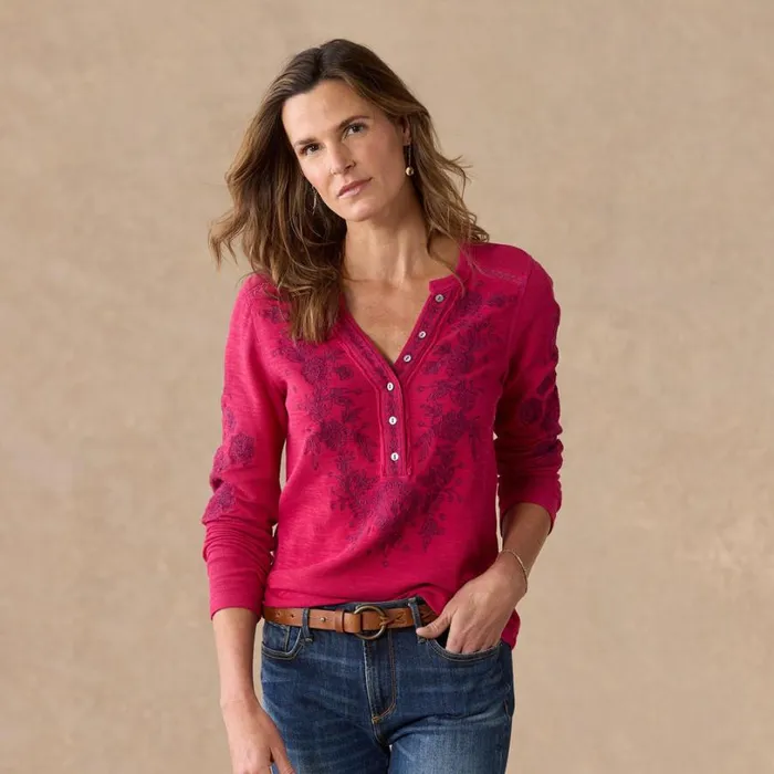 Women Artisan Floral Henley Petite Cherry Sundance Catalog Petite Styles Women Artisan Floral Henley Petite Cherry Sundance Catalog Petite Styles