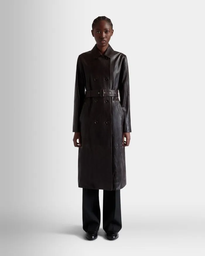 Women Bally Coats and Jackets Belted Coat In Ebano Leather Brown Women Bally Coats and Jackets Belted Coat In Ebano Leather Brown