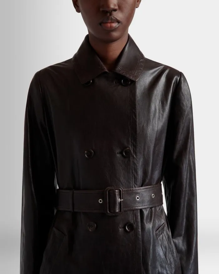 Women Bally Coats and Jackets Belted Coat In Ebano Leather Brown Women Bally Coats and Jackets Belted Coat In Ebano Leather Brown