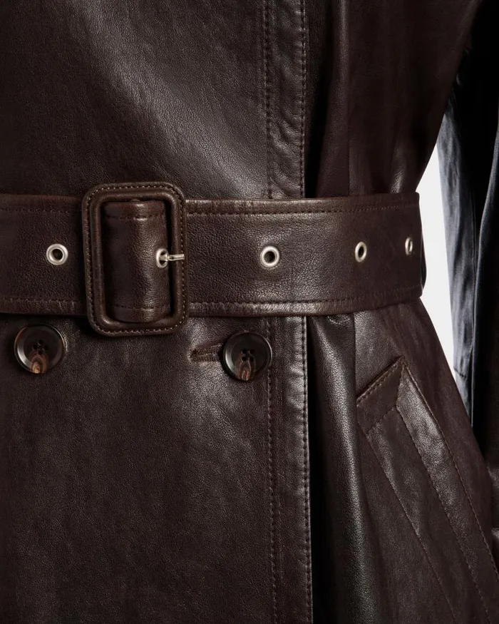 Women Bally Coats and Jackets Belted Coat In Ebano Leather Brown Women Bally Coats and Jackets Belted Coat In Ebano Leather Brown