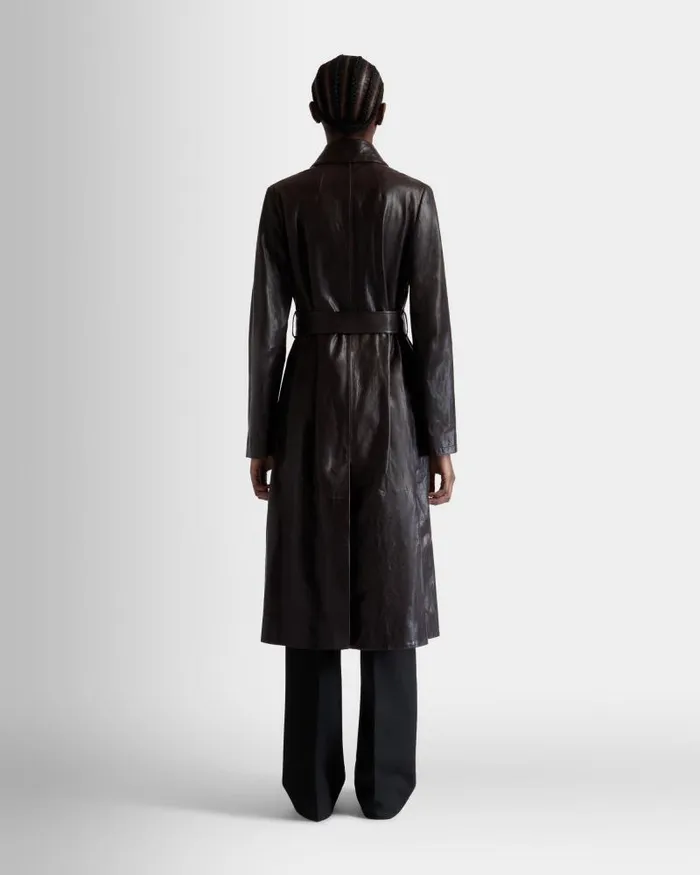 Women Bally Coats and Jackets Belted Coat In Ebano Leather Brown Women Bally Coats and Jackets Belted Coat In Ebano Leather Brown